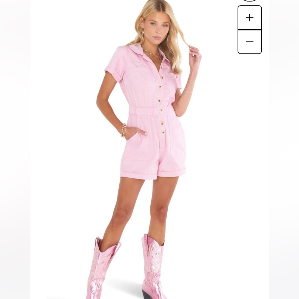 Show Me Your Mumu pink denim romper